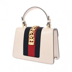 Gucci Leather Sylvie Embroidery Handbag Flower White Canvas